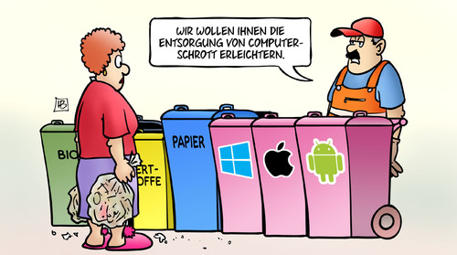 Cartoon: Computerschrott (medium) by Harm Bengen tagged computerschrott,entsorgung,erleichtern,müll,bio,papier,wertstoffe,tonne,android,apple,windows,harm,bengen,cartoon,karikatur,computerschrott,entsorgung,erleichtern,müll,bio,papier,wertstoffe,tonne,android,apple,windows,harm,bengen,cartoon,karikatur