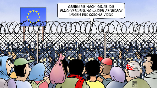 Cartoon: Corona und Flucht (medium) by Harm Bengen tagged fluchtbewegung,grenze,zaun,polizei,abgesagt,coronavirus,eu,europa,griechenland,migration,fluechtlinge,krankheit,ansteckung,pandemie,harm,bengen,cartoon,karikatur,fluchtbewegung,grenze,zaun,polizei,abgesagt,coronavirus,eu,europa,griechenland,migration,fluechtlinge,krankheit,ansteckung,pandemie,harm,bengen,cartoon,karikatur