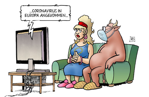 Cartoon: Coronavirus in Europa (medium) by Harm Bengen tagged europa,stier,tv,coronavirus,china,krankheit,pandemie,panik,harm,bengen,cartoon,karikatur,europa,stier,tv,coronavirus,china,krankheit,pandemie,panik,harm,bengen,cartoon,karikatur