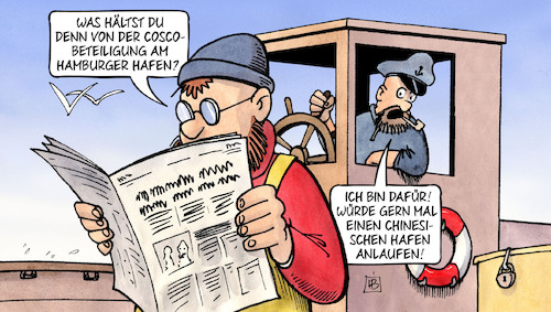 Cartoon: Cosco-Beteiligung (medium) by Harm Bengen tagged cosco,beteiligung,hamburger,hafen,chinesischen,china,anlaufen,kutter,schiff,meer,seemann,containerterminal,einfluss,harm,bengen,cartoon,karikatur,cosco,beteiligung,hamburger,hafen,chinesischen,china,anlaufen,kutter,schiff,meer,seemann,containerterminal,einfluss,harm,bengen,cartoon,karikatur