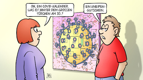 Cartoon: Covid-Kalender (medium) by Harm Bengen tagged corona,covid,kalender,lockdown,adventskalender,kneipen,gutschein,gastronomie,harm,bengen,cartoon,karikatur,corona,covid,kalender,lockdown,adventskalender,kneipen,gutschein,gastronomie,harm,bengen,cartoon,karikatur