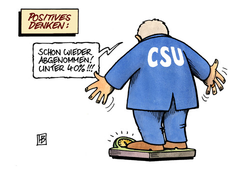 Cartoon: CSU-Gewichtsabnahme (medium) by Harm Bengen tagged csu,gewichtsabnahme,gewicht,waage,positv,denken,verlust,wähler,wahl,umfrage,sympathie,dobrindt,seehofer,regierung,sog,abwärtstrend,csu,gewichtsabnahme,gewicht,positv,waage,denken,verlust,wähler,wahl,wahlen,sympathie,regierung,abnahme