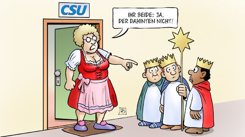 Cartoon: CSU und 3-König (medium) by Harm Bengen tagged csu,klausurtagung,kloster,seeon,bayern,obergrenze,sicherheit,transitzonen,flüchtlinge,asyl,dreikönigssingen,könige,kinder,rassismus,harm,bengen,cartoon,karikatur,csu,klausurtagung,kloster,seeon,bayern,obergrenze,sicherheit,transitzonen,flüchtlinge,asyl,dreikönigssingen,könige,kinder,rassismus,harm,bengen,cartoon,karikatur