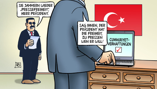 Cartoon: Cumhuriyet-Verhaftungen (medium) by Harm Bengen tagged cumhuriyet,verhaftungen,pressefreiheit,präsident,erdogan,türkei,putsch,harm,bengen,cartoon,karikatur,cumhuriyet,verhaftungen,pressefreiheit,präsident,erdogan,türkei,putsch,harm,bengen,cartoon,karikatur