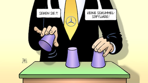 Cartoon: Daimler-Schummelsoftware (medium) by Harm Bengen tagged daimler,schummelsoftware,kraftfahrtbundesamt,dieselskandal,mercedes,hütchenspieler,betrug,harm,bengen,cartoon,karikatur,daimler,schummelsoftware,kraftfahrtbundesamt,dieselskandal,mercedes,hütchenspieler,betrug,harm,bengen,cartoon,karikatur