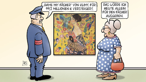 Cartoon: Dame mit Fächer (medium) by Harm Bengen tagged dame,mit,fächer,klimt,bild,versteigerung,sothebys,hitze,museum,schweiss,susemil,kunst,harm,bengen,cartoon,karikatur,dame,mit,fächer,klimt,bild,versteigerung,sothebys,hitze,museum,schweiss,susemil,kunst,harm,bengen,cartoon,karikatur