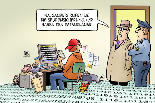 Cartoon: Datenklauer (medium) by Harm Bengen tagged spurensicherung,polizei,verhaftung,hacker,datenklauer,computer,internet,facebook,twitter,cloud,harm,bengen,cartoon,karikatur,spurensicherung,polizei,verhaftung,hacker,datenklauer,computer,internet,facebook,twitter,cloud,harm,bengen,cartoon,karikatur