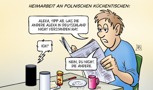 Cartoon: Datenschutz am Küchentisch (medium) by Harm Bengen tagged heimarbeit,datenschutz,küchentisch,polen,alexa,amazon,sprachassistent,deutschland,harm,bengen,cartoon,karikatur,heimarbeit,datenschutz,küchentisch,polen,alexa,amazon,sprachassistent,deutschland,harm,bengen,cartoon,karikatur