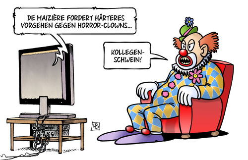 Cartoon: De Maiziere und Horror-Clowns (medium) by Harm Bengen tagged demaiziere,vorgehen,innenminister,polizei,horror,clowns,kollegenschwein,harm,bengen,cartoon,karikatur,demaiziere,vorgehen,innenminister,polizei,horror,clowns,kollegenschwein,harm,bengen,cartoon,karikatur