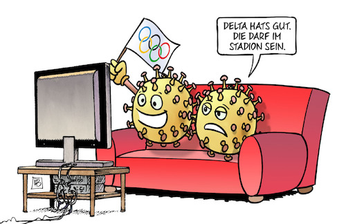 Cartoon: Delta-Olympia (medium) by Harm Bengen tagged delta,stadion,mutationen,olympia,tv,corona,viren,sofa,tokio,harm,bengen,cartoon,karikatur,delta,stadion,mutationen,olympia,tv,corona,viren,sofa,tokio,harm,bengen,cartoon,karikatur