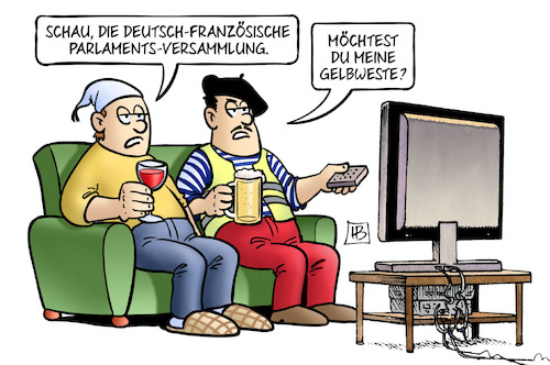 Cartoon: Deutsch-französische Versammlung (medium) by Harm Bengen tagged deutschland,frankreich,parlaments,versammlung,tv,gelbwesten,proteste,harm,bengen,cartoon,karikatur,deutschland,frankreich,parlaments,versammlung,tv,gelbwesten,proteste,harm,bengen,cartoon,karikatur