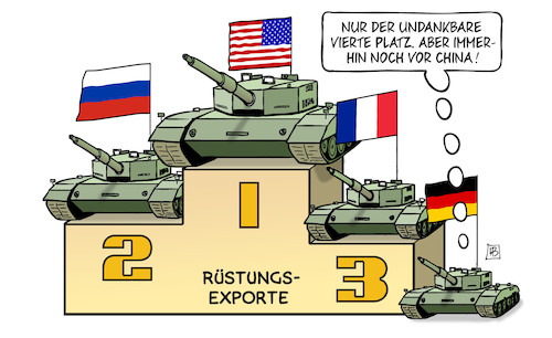 Cartoon: Deutsche Waffenxporte (medium) by Harm Bengen tagged waffenxporte,rüstungsexporte,usa,russland,frankreich,deutschland,podest,panzer,sipri,harm,bengen,cartoon,karikatur,waffenxporte,rüstungsexporte,usa,russland,frankreich,deutschland,podest,panzer,sipri,harm,bengen,cartoon,karikatur