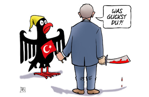 Cartoon: Deutschland zu Syrien-Invasion (medium) by Harm Bengen tagged deutschland,bundesadler,michel,adler,usa,sanktionen,türkei,krieg,kurden,rojava,waffenembargo,europa,eu,harm,bengen,cartoon,karikatur,deutschland,bundesadler,michel,adler,usa,sanktionen,türkei,krieg,kurden,rojava,waffenembargo,europa,eu,harm,bengen,cartoon,karikatur