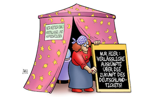 Cartoon: Deutschlandticket-Zukunft (medium) by Harm Bengen tagged deutschlandticket,zukunft,neuwahlen,kosten,wahrsagerin,harm,bengen,cartoon,karikatur,deutschlandticket,zukunft,neuwahlen,kosten,wahrsagerin,harm,bengen,cartoon,karikatur