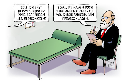 Cartoon: Dieselkaufanreize (medium) by Harm Bengen tagged seehofer,weil,kaufanreize,steuererleichterungen,dieselfahrzeuge,vorschlag,psychiater,psychologe,abgasskandal,automobilindustrie,abgaswerte,no2,nox,fahrverbote,harm,bengen,cartoon,karikatur,seehofer,weil,kaufanreize,steuererleichterungen,dieselfahrzeuge,vorschlag,psychiater,psychologe,abgasskandal,automobilindustrie,abgaswerte,no2,nox,fahrverbote,harm,bengen,cartoon,karikatur