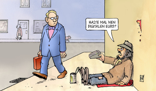 Cartoon: Digitaler Euro (medium) by Harm Bengen tagged bettler,digitaler,euro,ezb,bargeld,harm,bengen,cartoon,karikatur,bettler,digitaler,euro,ezb,bargeld,harm,bengen,cartoon,karikatur