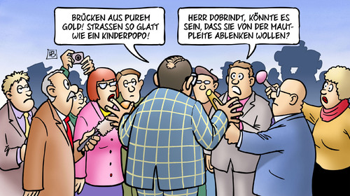 Cartoon: Dobrindt-Sanierung (medium) by Harm Bengen tagged dobrindt,verkehrsminister,sanierung,brücken,gold,strassen,schlaglöcher,glatt,kinderpopo,maut,pkw,pleite,ablenken,reporter,harm,bengen,cartoon,karikatur,dobrindt,verkehrsminister,sanierung,brücken,gold,strassen,schlaglöcher,glatt,kinderpopo,maut,pkw,pleite,ablenken,reporter,harm,bengen,cartoon,karikatur