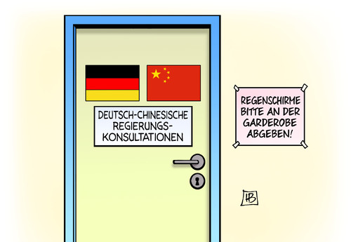 Cartoon: Dt.-Chin._Regierungskonsultation (medium) by Harm Bengen tagged deutsch,chinesische,regierungskonsultationen,regenschirme,garderobe,deutschland,china,demokratie,wahlen,hongkong,wirtschaft,harm,bengen,cartoon,karikatur,deutsch,chinesische,regierungskonsultationen,regenschirme,garderobe,deutschland,china,demokratie,wahlen,hongkong,wirtschaft,harm,bengen,cartoon,karikatur