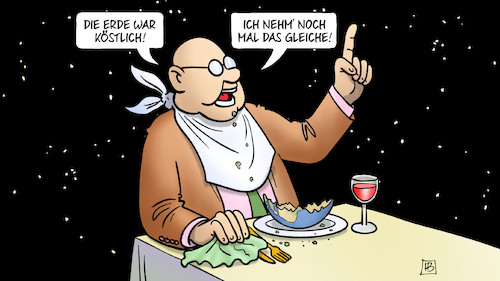 Cartoon: Earth Overshoot Day (medium) by Harm Bengen tagged erde,köstlich,restaurant,raubbau,natur,earth,overshoot,day,erdüberlastung,ressourcen,harm,bengen,cartoon,karikatur,erde,köstlich,restaurant,raubbau,natur,earth,overshoot,day,erdüberlastung,ressourcen,harm,bengen,cartoon,karikatur