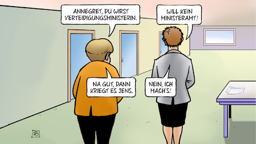 Cartoon: Eh der Spahn das macht (medium) by Harm Bengen tagged annegret,verteidigungsministerin,akk,kramp,karrenbauer,merkel,jens,spahn,cdu,flur,harm,bengen,cartoon,karikatur,annegret,verteidigungsministerin,akk,kramp,karrenbauer,merkel,jens,spahn,cdu,flur,harm,bengen,cartoon,karikatur