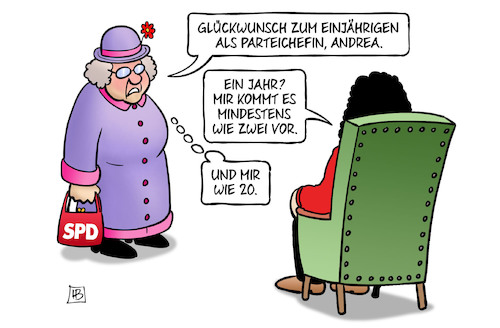 Cartoon: Ein Jahr Nahles (medium) by Harm Bengen tagged glückwunsch,einjähriges,jubiläum,parteichefin,andrea,nahles,spd,harm,bengen,cartoon,karikatur,glückwunsch,einjähriges,jubiläum,parteichefin,andrea,nahles,spd,harm,bengen,cartoon,karikatur