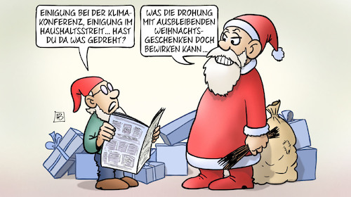 Cartoon: Einigungen (medium) by Harm Bengen tagged einigung,klimakonferenz,haushaltsstreit,drohung,weihnachtsgeschenke,weihnachtsmann,wichtel,zeitung,lesen,cop28,klimawandel,harm,bengen,cartoon,karikatur,einigung,klimakonferenz,haushaltsstreit,drohung,weihnachtsgeschenke,weihnachtsmann,wichtel,zeitung,lesen,cop28,klimawandel,harm,bengen,cartoon,karikatur