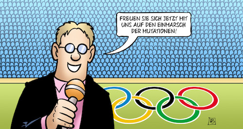 Cartoon: Einmarsch der Mutationen (medium) by Harm Bengen tagged einmarsch,delta,stadion,mutationen,olympia,corona,tokio,reporter,harm,bengen,cartoon,karikatur,einmarsch,delta,stadion,mutationen,olympia,corona,tokio,reporter,harm,bengen,cartoon,karikatur