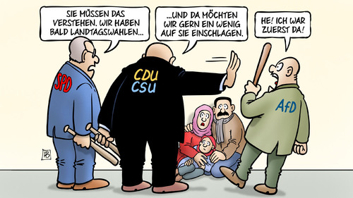 Cartoon: Einschlagen (medium) by Harm Bengen tagged landtagswahlen,schlagen,einschlagen,spd,cdu,csu,afd,populismus,fluechtlinge,flucht,terror,rechts,harm,bengen,cartoon,karikatur,landtagswahlen,schlagen,einschlagen,spd,cdu,csu,afd,populismus,fluechtlinge,flucht,terror,rechts,harm,bengen,cartoon,karikatur