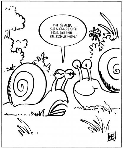 Cartoon: Einschleimen (medium) by Harm Bengen tagged tiere,tier,schnecke,weichtiere,schleim,schleimen,einschleimen,flirt,flirten,anmache,balz,wortspiel,mann,frau,partnersuche