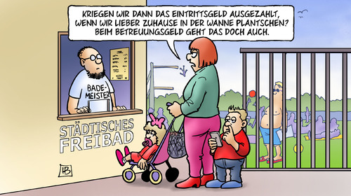 Cartoon: Eintrittsgeld (medium) by Harm Bengen tagged kauder,rente,machtwort,merkel,cdu,fdp,csu,streit,parteien,kindergarten,kita,kommunen,kinder,schwimmbad,eintrittsgeld,betreuungsgeld,betreuungsgeld,eintrittsgeld,schwimmbad,kommunen,kindergarten,parteien,streit