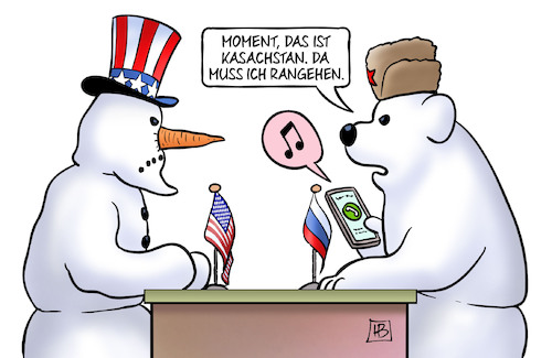 Cartoon: Eisig in Genf (medium) by Harm Bengen tagged eisig,genf,gespräche,treffen,kasachstan,ukraine,handy,schneemann,uncle,usa,russland,baer,sam,harm,bengen,cartoon,karikatur,eisig,genf,gespräche,treffen,kasachstan,ukraine,handy,schneemann,uncle,usa,russland,baer,sam,harm,bengen,cartoon,karikatur