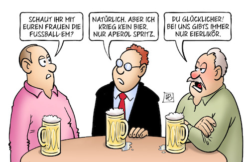 Cartoon: EM-Getränke (medium) by Harm Bengen tagged frauen,fussball,em,europameisterschaft,getränke,bier,aperol,spritz,eierlikör,stammtisch,harm,bengen,cartoon,karikatur,frauen,fussball,em,europameisterschaft,getränke,bier,aperol,spritz,eierlikör,stammtisch,harm,bengen,cartoon,karikatur