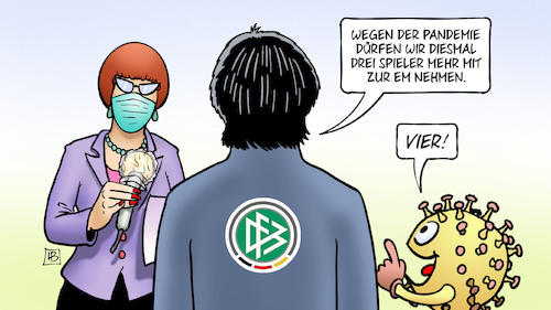 Cartoon: EM-Kader (medium) by Harm Bengen tagged pandemie,drei,spieler,em,europameisterschaft,fussball,bundestrainer,jogi,löw,corona,virus,interview,harm,bengen,cartoon,karikatur,pandemie,drei,spieler,em,europameisterschaft,fussball,bundestrainer,jogi,löw,corona,virus,interview,harm,bengen,cartoon,karikatur