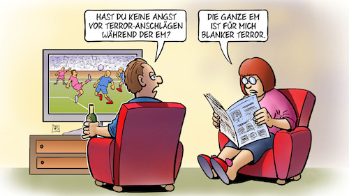 Cartoon: EM-Terror (medium) by Harm Bengen tagged angst,terror,anschläge,em,fussball,tv,zeitung,lesen,harm,bengen,cartoon,karikatur,angst,terror,anschläge,em,fussball,tv,zeitung,lesen,harm,bengen,cartoon,karikatur