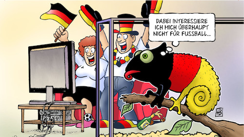 Cartoon: EM-Umgebung (medium) by Harm Bengen tagged em,umgebung,auftakt,europameisterschaft,fussball,schwarz,rot,gold,nationalfarben,nationalismus,fans,chamäleon,begeisterung,interesse,harm,bengen,cartoon,karikatur,em,umgebung,auftakt,europameisterschaft,fussball,schwarz,rot,gold,nationalfarben,nationalismus,fans,chamäleon,begeisterung,interesse,harm,bengen,cartoon,karikatur