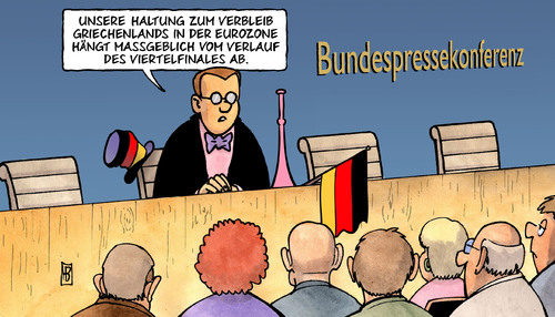 Cartoon: EM-Viertelfinale (medium) by Harm Bengen tagged em,viertelfinale,fussball,europameisterschaft,bundespressekonferenz,fans,diktat,spardiktat,demokratie,griechenland,griechisch,rettung,rettungsschirme,krise,eu,euro,eurozone,staatsschulden,staatsanleihen,geld,kredit,untergang,spekulation,maerkte,finanzmarkt,deutschland,wahl,em,viertelfinale,fussball,europameisterschaft,demokratie,griechenland