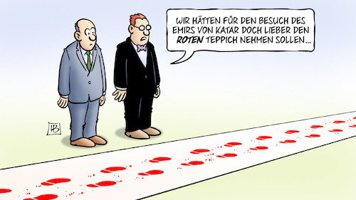 Cartoon: Emir in Berlin (medium) by Harm Bengen tagged besuch,emir,katar,roter,teppich,blut,hamas,israel,palaestina,terror,harm,bengen,cartoon,karikatur,besuch,emir,katar,roter,teppich,blut,hamas,israel,palaestina,terror,harm,bengen,cartoon,karikatur