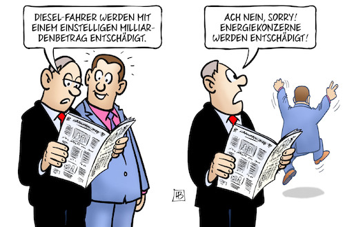 Cartoon: Entschädigung (medium) by Harm Bengen tagged dieselfahrer,dieselskandal,abgasskandal,milliardenbetrag,entschädigung,energiekonzerne,atomenergie,energiewende,freude,harm,bengen,cartoon,karikatur,dieselfahrer,dieselskandal,abgasskandal,milliardenbetrag,entschädigung,energiekonzerne,atomenergie,energiewende,freude,harm,bengen,cartoon,karikatur