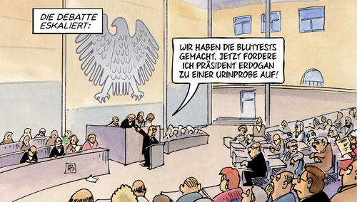 Cartoon: Erdogan vs. Bundestag (medium) by Harm Bengen tagged debatte,erdogan,bundestag,bluttests,präsident,urinprobe,türkei,armenien,resolution,harm,bengen,cartoon,karikatur,debatte,erdogan,bundestag,bluttests,präsident,urinprobe,türkei,armenien,resolution,harm,bengen,cartoon,karikatur