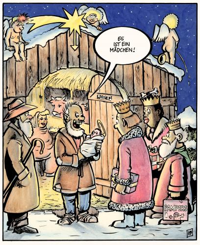 Cartoon: Es ist ein Mädchen (medium) by Harm Bengen tagged mädchen,junge,bethlehem,jesus,christus,geburt,weihnachten,krippe,maria,joseph,josef,hirte,engel,heilige,drei,könige,windeln,stern,komet,mädchen,nachwuchs,familie,kinder,baby,bethlehem,junge,jesus christus,religion,bibel,gott,kirche,tradition,kultur,weihnachten,weihnacht,krippe,maria,joseph,josef,hirte,engel,heilige,drei,könige,geburt,stern,jesus,christus