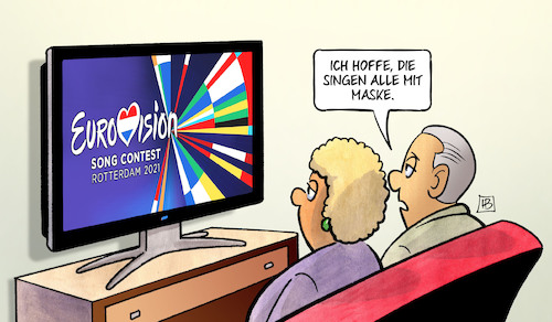 Cartoon: ESC 2021 (medium) by Harm Bengen tagged corona,esc,eurovison,song,contest,rotterdam,singen,maske,tv,harm,bengen,cartoon,karikatur,corona,esc,eurovison,song,contest,rotterdam,singen,maske,tv,harm,bengen,cartoon,karikatur