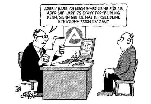 Cartoon: Ethikkommission (medium) by Harm Bengen tagged ethikkommission,ethik,kommission,atomenergie,kernkraft,bundesregierung,arbeitsamt,arbeit,vermittlung,qualifikation,fortbildung,parken,arbeitsbeschaffung,akw