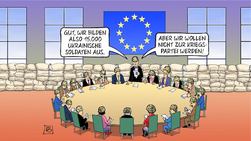 Cartoon: EU-Ausbildungsmission (medium) by Harm Bengen tagged eu,ausbildungsmission,gipfel,europa,ukrainische,soldaten,stahlhelme,helme,sandsäcke,kriegspartei,krieg,ukraine,russland,harm,bengen,cartoon,karikatur,eu,ausbildungsmission,gipfel,europa,ukrainische,soldaten,stahlhelme,helme,sandsäcke,kriegspartei,krieg,ukraine,russland,harm,bengen,cartoon,karikatur