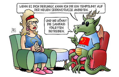 Cartoon: EU-China-Gipfel (medium) by Harm Bengen tagged eu,europa,china,gipfel,wirtschaft,tempolimit,neue,seidenstrasse,sanifair,toiletten,sessel,drache,harm,bengen,cartoon,karikatur,eu,europa,china,gipfel,wirtschaft,tempolimit,neue,seidenstrasse,sanifair,toiletten,sessel,drache,harm,bengen,cartoon,karikatur