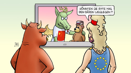 Cartoon: EU-China-Gipfel (medium) by Harm Bengen tagged eu,europa,stier,darche,china,gipfel,videokonferenz,bär,teddy,russland,ukraine,krieg,harm,bengen,cartoon,karikatur,eu,europa,stier,darche,china,gipfel,videokonferenz,bär,teddy,russland,ukraine,krieg,harm,bengen,cartoon,karikatur