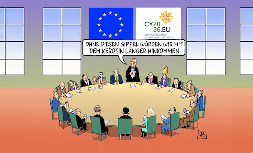 Cartoon: EU-Gipfel Zypern (medium) by Harm Bengen tagged eu,europa,gipfel,zypern,iran,krieg,öl,benzin,kerosin,knappheit,harm,bengen,cartoon,karikatur,eu,europa,gipfel,zypern,iran,krieg,öl,benzin,kerosin,knappheit,harm,bengen,cartoon,karikatur