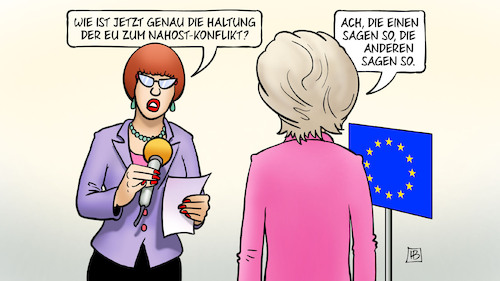 Cartoon: EU-Nahost-Haltung (medium) by Harm Bengen tagged konflikt,interview,vdl,von,der,leyen,eu,europa,gipfel,nahost,einheitliche,haltung,gaza,israel,hamas,palästina,terror,krieg,harm,bengen,cartoon,karikatur,konflikt,interview,vdl,von,der,leyen,eu,europa,gipfel,nahost,einheitliche,haltung,gaza,israel,hamas,palästina,terror,krieg,harm,bengen,cartoon,karikatur