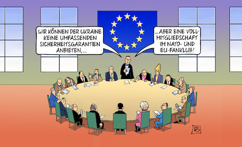 Cartoon: EU-NATO-Fanclub (medium) by Harm Bengen tagged sicherheitsgarantien,vollmitgliedschaft,nato,eu,fanklub,gipfel,russland,ukraine,krieg,harm,bengen,cartoon,karikatur,sicherheitsgarantien,vollmitgliedschaft,nato,eu,fanklub,gipfel,russland,ukraine,krieg,harm,bengen,cartoon,karikatur