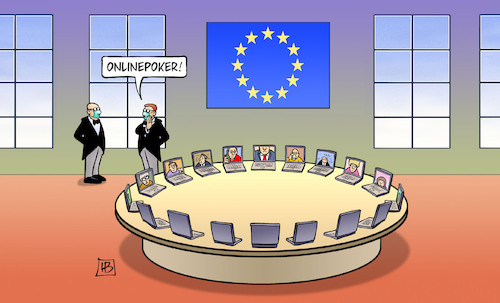 Cartoon: EU-Onlinepoker (medium) by Harm Bengen tagged onlinepoker,eu,europa,videokonferenz,wiederaufbau,hilfspakete,konjunktur,gipfel,saaldiener,mundschutz,harm,bengen,cartoon,karikatur,onlinepoker,eu,europa,videokonferenz,wiederaufbau,hilfspakete,konjunktur,gipfel,saaldiener,mundschutz,harm,bengen,cartoon,karikatur