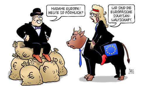 Cartoon: EU-Staatsanwaltschaft (medium) by Harm Bengen tagged madame,europa,eu,stier,europäische,staatsanwaltschaft,geldsack,kapitalist,betrug,harm,bengen,cartoon,karikatur,madame,europa,eu,stier,europäische,staatsanwaltschaft,geldsack,kapitalist,betrug,harm,bengen,cartoon,karikatur